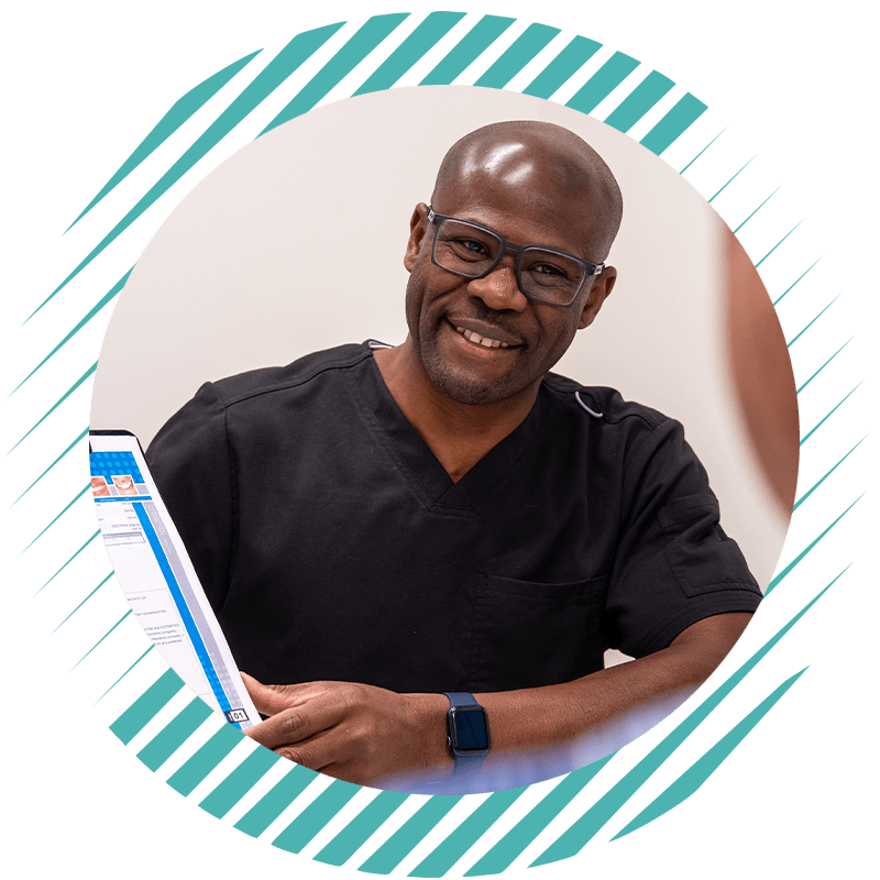 ibinola with form talking to patient